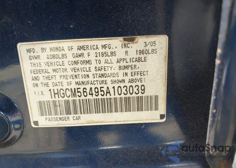 2005 Honda Accord 2.4 Lx z USA, uszkodzony, nr VIN 1HGCM56495A103039